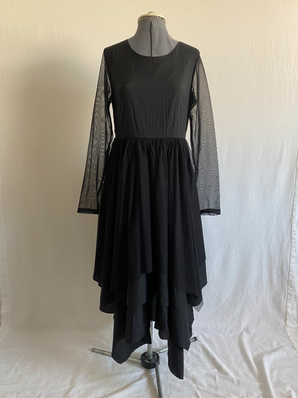 S.DEER Concept Black Mesh Sleeve Handkerchief Hem Midi Dress